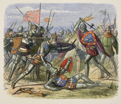 Hendrik V aangevallen door de hertog van Alençon op het slagveld, uit A Chronicle of England BC 55 to AD 1485, pub. London door James William Edmund Doyle