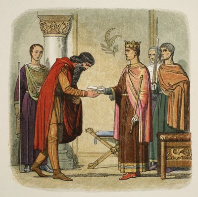 Henry machtigt Dermod om troepen te werven, 1170, uit A Chronicle of England BC 55 to AD 1485, gepubliceerd in Londen, 1863 door James William Edmund Doyle