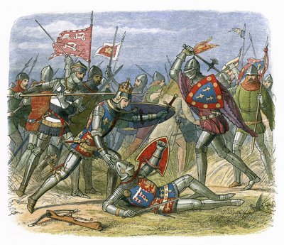 Koning Hendrik V aangevallen door de hertog van Alençon bij de slag van Agincourt door James William Edmund Doyle