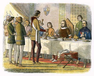 Prins Edward bedient koning Jan van Artois aan tafel na hem te hebben verslagen bij Poitiers door James William Edmund Doyle