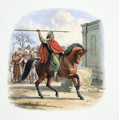 De hogepriester Coifi ontwijdt de tempel van de afgoden, 627 AD, uit A Chronicle of England BC 55 to AD 1485, pub. London, 1863 door James William Edmund Doyle