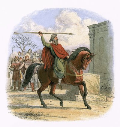 De hogepriester Coifi ontheiligt de tempel van de afgoden door James William Edmund Doyle