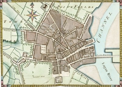 Dubbele pagina aquarelplan van Belfast, ca. 1795 door James Williamson