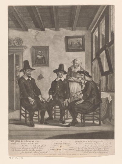 Drie mannen in overleg terwijl een jonge vrouw in de deurpost meeluistert door James Wilson