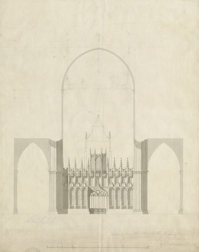 Interieur van Lichfield Kathedraal - Ingang van Koor naar Schip: Tekening en Wassing, nd [c 1780] door James Wyatt