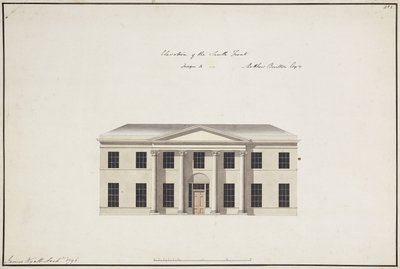 Soho House: Plattegrond van de begane grond; Plattegrond van de slaapkamerverdieping; Elevatie van de zuidkant, ontwerp A, Elevatie van de zuidkant, ontwerp B, en Elevatie van de noordkant, 1796 door James Wyatt