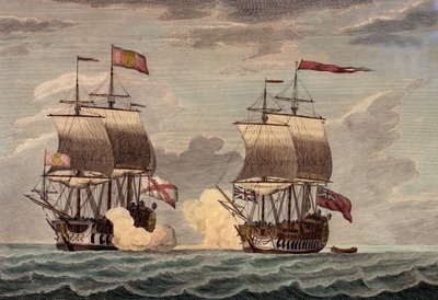 Commodore Anson in de Centurion met een bemanning van 227, waarvan 30 jongens, op 20 juni 1743 rond twee uur 