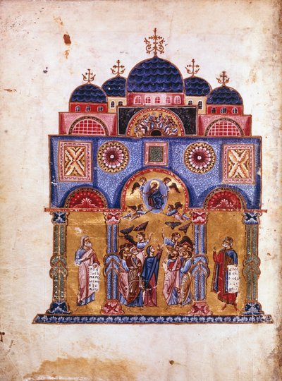 Illustratie uit Homilieën over de Maagd, Byzantijns Manuscript door James of Kokkinobaphos