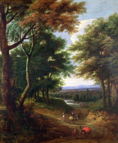 Boslandschap met reizigers op een pad door Jan Baptist Huysmans