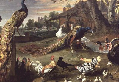 Pauw en andere vogels in een landschap door Jan Victors