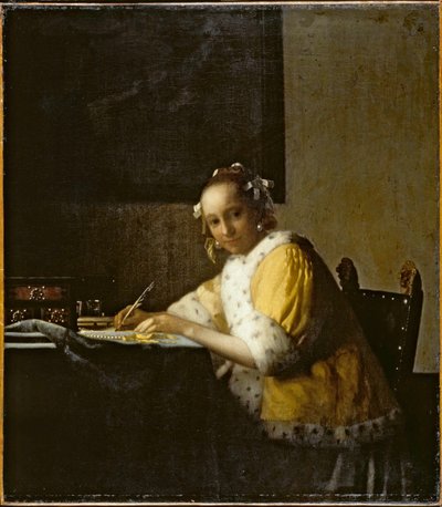 Een dame schrijft ... (olieverf op doek) door Jan (1632-75) Vermeer