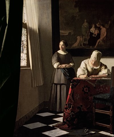 Dame die een brief schrijft met haar Dienstmeid, ca. 1670 door Johannes Vermeer