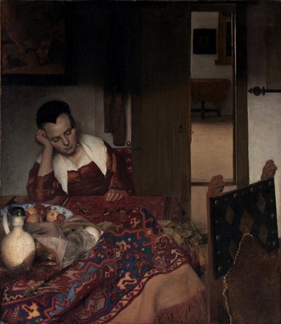 Een slapend meisje (detail) door Johannes Vermeer