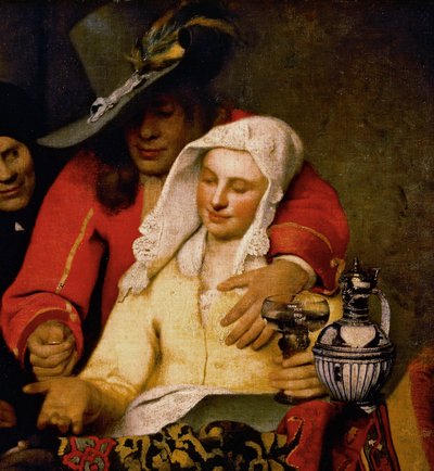 Een man reikt een munt aan een vrouw die haar borst aanraakt (detail) door Johannes Vermeer