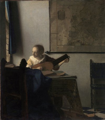 De Vrouw met de Luit - Schilderij door Johannes Vermeer (Vermeer van Delft) (1632-1675), olieverf op doek, circa 1663, 51,4x45,7 cm. Het Metropolitan Museum of Art, New York door Johannes Vermeer