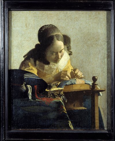Het kantwerk. Schilderij door Jan (Johannes) Vermeer van Delft (1632-1675), circa 1658-1660. Olieverf op doek. Afm: 0,24x0,21m. Louvre Museum door Johannes Vermeer