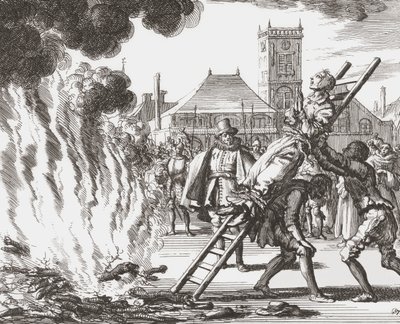 Een heks veroordeeld tot levend verbranden in 16e-eeuws Holland door Jan (after) Luyken