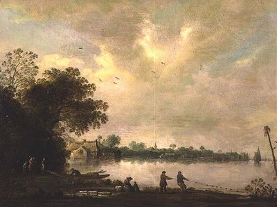 Een rivierlandschap met vissers die een net binnenhalen door Jan (attr. to) Coelenbier