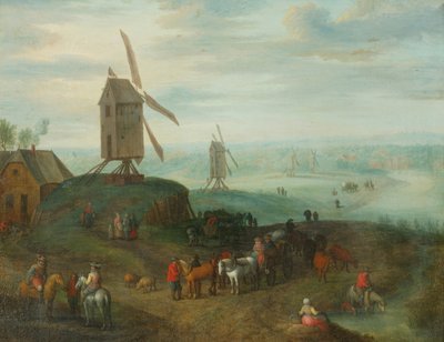 Landschap met Windmolens door Jan (follower of) Brueghel