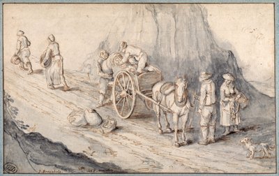 Boeren laden een eenpaardkar met wortelgroenten door Jan (follower of) Brueghel