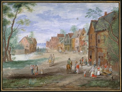 Het plein in Gouda in de winter door Jan (follower of) Brueghel