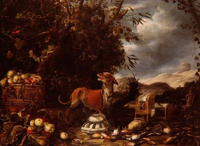 Een jachtstilleven van dode vogels, vogelkooien, fruit en een hond bij een prieel in een landschap door Jan (follower of) Fyt