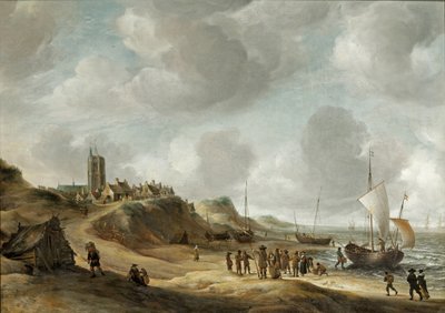 Een uitzicht op Egmond aan Zee met vissers op het strand en schepen op zee door Jan Abrahamsz. Beerstraten