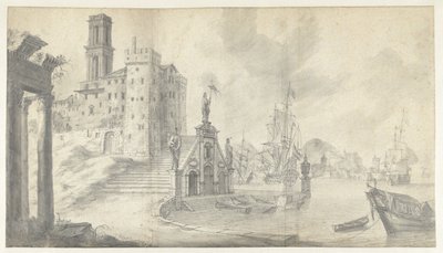 Havengezicht in stad aan de Middellandse Zee door Jan Abrahamsz. Beerstraten