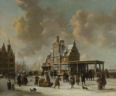Het Paalhuis en de Nieuwe Brug, Amsterdam, in de winter door Jan Abrahamsz. Beerstraten