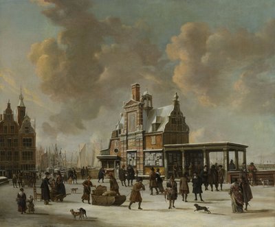 Het Paalhuis en de Nieuwe Brug, Amsterdam, in de Winter door Jan Abrahamsz. Beerstraten