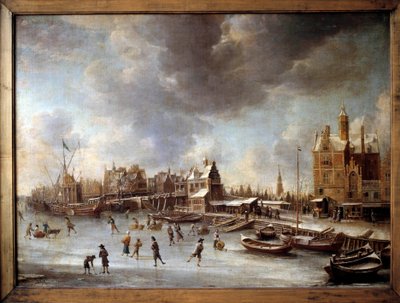 Winterlandschap. Schaatsers op een bevroren meer. door Jan Abrahamsz. Beerstraten