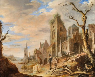 Een rivierlandschap met een middeleeuwse stad door Jan Adriansz van Staveren