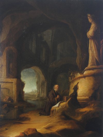 Een kluizenaar in gebed in een grot met klassieke ruïnes door Jan Adriansz van Staveren