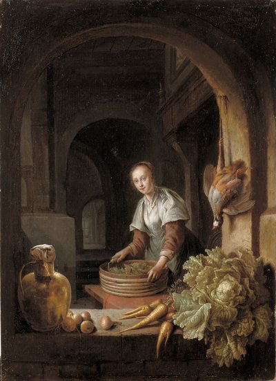 Een dienstmeid bereidt groenten in een keuken door Jan Adriansz van Staveren