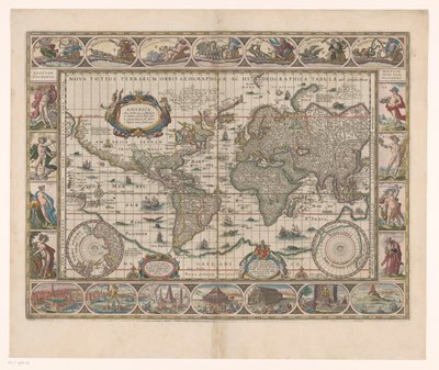 Wereldkaart met decoratieve randen door Jan Aertse van den Ende