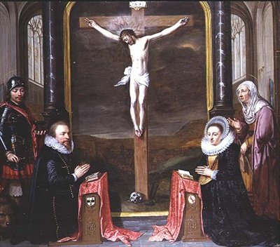 Een Kruisiging met Portretten van de Schenkers Adriaen Meusyenbroeck en zijn Vrouw, Anna Elant, Bijgestaan door St. Adrianus en St. Elizabeth door Jan Anthonisz. van Ravesteyn