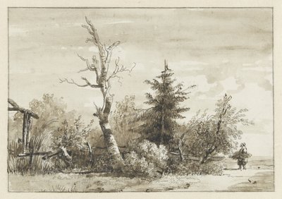 Landschap met bomengroep en rechts een sprokkelaarster door Jan Apeldoorn