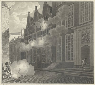 Beschieting van het huis van Lucas van Steveninck, 1787 door Jan Arends (signed by artist)