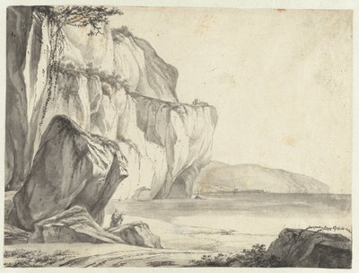 Kustgezicht met uit het water oprijzende rotsen door Jan Asselijn (attributed to)