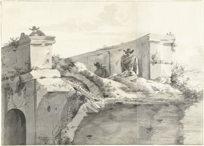 Gezicht op de rand van de Ponte Rotto in Rome door Jan Asselijn (copy after)