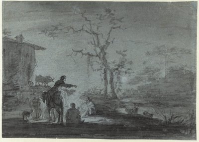 Herders bij een kampvuur bij maanlicht door Jan Asselijn (possibly)
