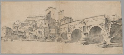 Gezicht op de Ponte Rotto, Rome, met watermolens door Jan Asselijn