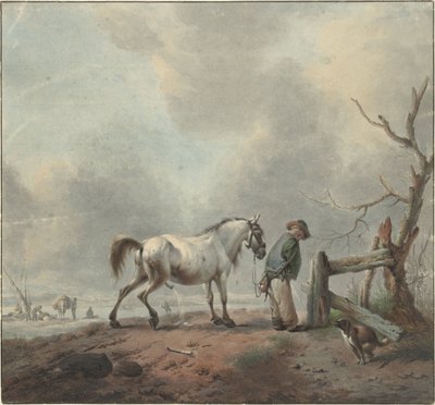 Landschap met een waterende man, paard en hond door Jan Augustini