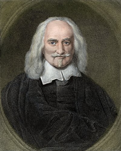 Portret van Thomas Hobbes (1588-1679) Engelse filosoof. 19e-eeuwse kleuren gravure door Jan Baptist (after) Jaspers