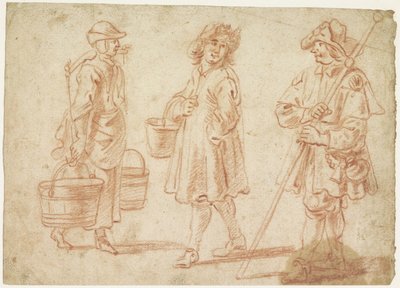 Drie schetsen van een vrouw met juk, man met emmer en een pelgrim door Jan Baptist Lambrechts
