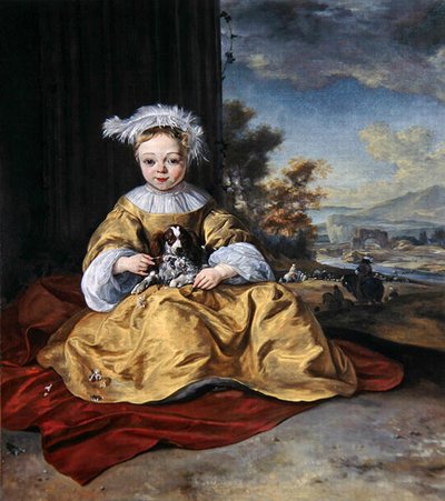 Een kind in een gele jurk met een hond door Jan Baptist Weenix