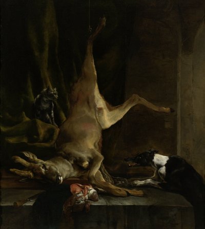 Een hond en een kat bij een gedeeltelijk opengereten hert door Jan Baptist Weenix