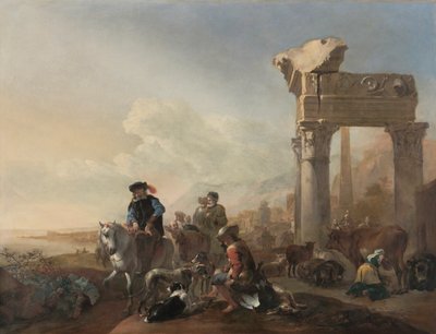 Jagers bij ruïnes door Jan Baptist Weenix
