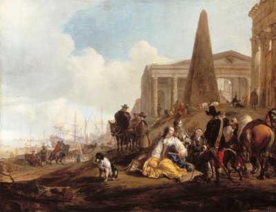 Mediterrane havenscène met rustende figuren voor antieke ruïnes door Jan Baptist Weenix