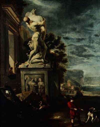 Zeehaven met figuren bij een klassiek standbeeld door Jan Baptist Weenix